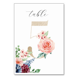 Numéro De Table Fleurs de aquarelle élégantes Faux or Mariage 5