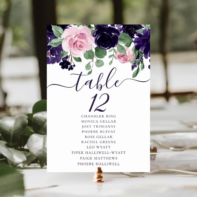Numéro De Table Fleurs luxuriantes | Nom de l'invité Purple et PIn (Créateur téléchargé)