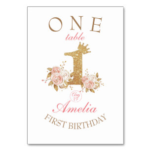 Numéro De Table Fleurs roses d'or Princesse 1er anniversaire