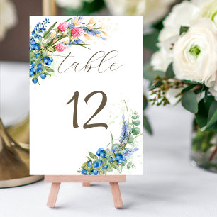 Numéro De Table Fleurs sauvages d'aquarelle et bleuets rustiques