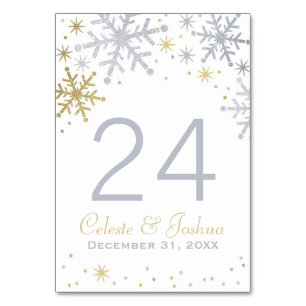 Numéro De Table Flocon de neige de mariage d'hiver en or argent Mo