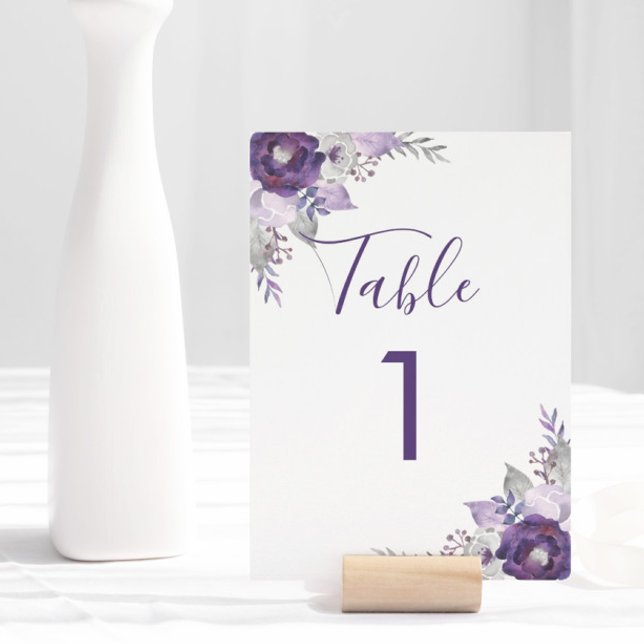 Numéro de table floral aquarelle violet et argent (Purple and Silver Watercolor Floral Table Number)