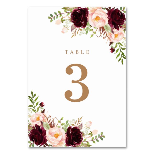 Numéro De Table Floral Blush Merlot Bourgogne Berry Vert Moderne (Dos)