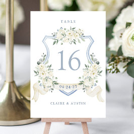 Numéro De Table Floral Elegant Dusty Blue White Crest Table Number