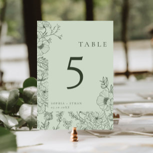 Numéro De Table Floral Line Art Sage Green Mariage