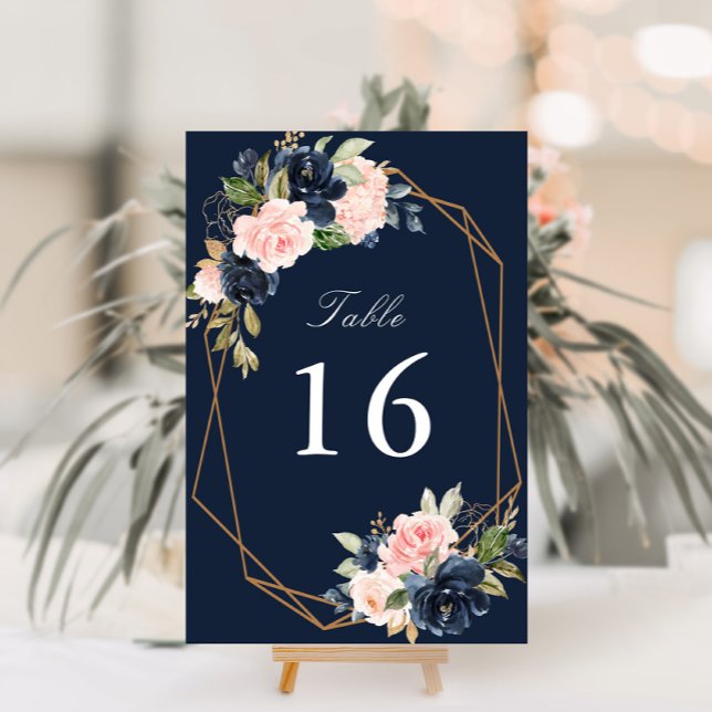 Numéro De Table Floral Marine & bleu aquarelle mariage géométrique (Créateur téléchargé)