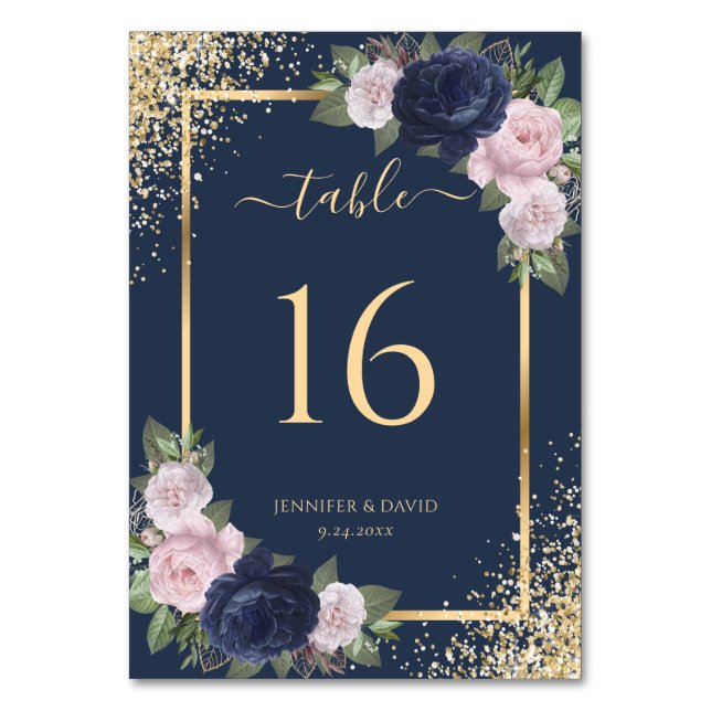 Numéro De Table Floral Marine bleu Blush rose Mariage cadre or (Dos)