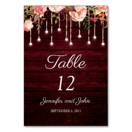 Numéro De Table Floral Maroon en bois Mariage rustique