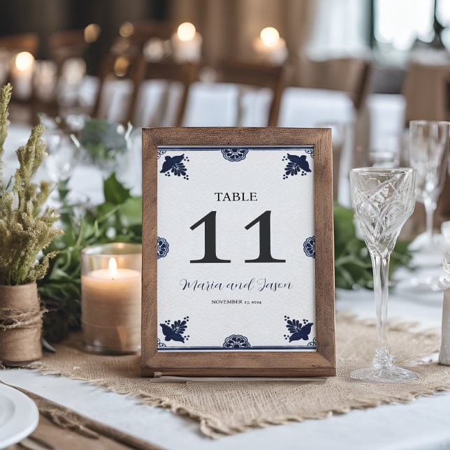 Numéro De Table Floral mexicain Otomi simple Mariage Fiesta (Mexican Blue Floral Otomi Simple Fiesta Wedding Table Number)