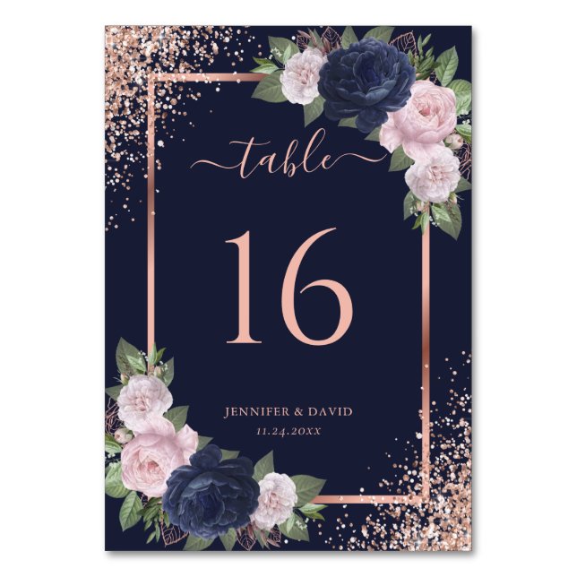 Numéro De Table Floral Navy Blue Blush Rose Gold Frame Mariage (Par défaut)