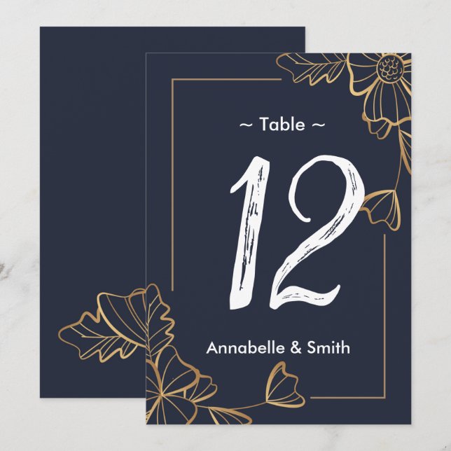 Numéro de table florale marine et dorée (Devant / Derrière)