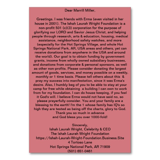 Numéro De Table Fondation Ishah Laurah Wright (Dos)