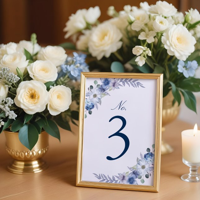 Numéro De Table Français Bleu & Lavande Aquarelle Floral Blanc (French Blue & Lavender Watercolor Floral White Table Number)