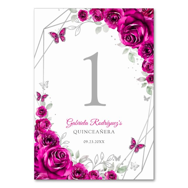 Numéro De Table Fuchsia Pink Silver Floral Quinceanera (Par défaut)