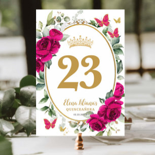 Numéro De Table Fuchsia Rose Chaud Floral Papillons Quinceanera XV