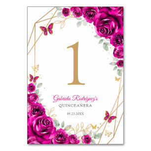 Numéro De Table Fuchsia Rose Gold Floral Quinceanera