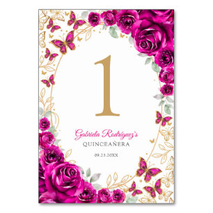 Numéro De Table Fuchsia Rose Gold Floral Quinceanera