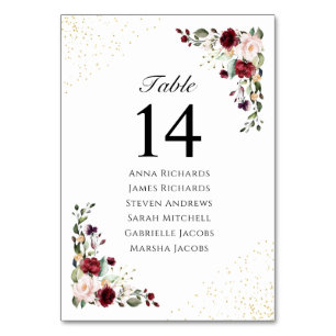 Numéro De Table Gold Burgundy Floral Mariage Réception Siège