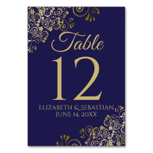 Numéro De Table Gold et marine Blue Elegant Filigree Mariage