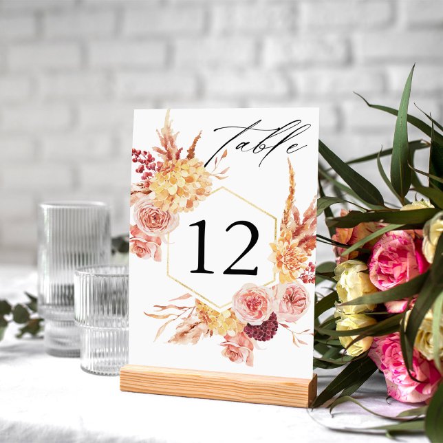 Numéro De Table Golden Burgundy & Blush rose Floral Numéro de tabl (Créateur téléchargé)