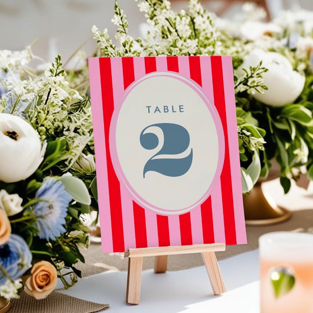 Numéro de table Gras Gras Gras Gratuit et Rose cla (Bright Pink and Red Stripe Bold Table Number)