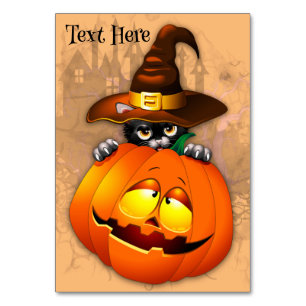 Numéro De Table Halloween Cute Kitty Witch et ami Citrouille