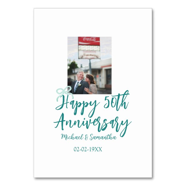 Numéro De Table Happy 50th anniversary photo turquoise bow name da (Par défaut)