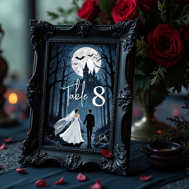 Numéro De Table Haunted Castle Wedding Couple Spooky Forest Toward (Spooky Forest Wedding Couple Toward Haunted Castle Table Numbers for Single-Digit Tables.)