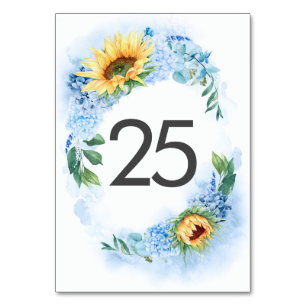 Numéro De Table Hydrangée bleue et tournesol jaune Élégante chute