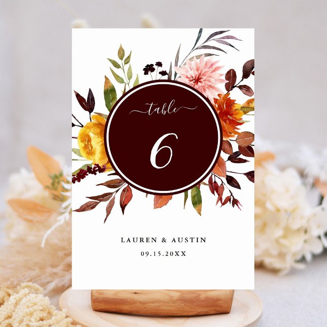 Numéro De Table Jardin d'automne Bourgogne Mariage d'aquarelle (Créateur téléchargé)