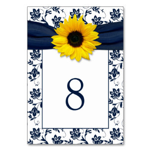 Numéro De Table Jaune Marine Bleu Damask Sunflower Ribbon Mariage