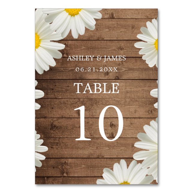 Numéro De Table Jolies marguerites Blanc Floral Rustique Bois Mari (Par défaut)