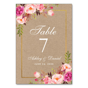 Numéro De Table Kraft Aquarelle Floral rose Mariage or