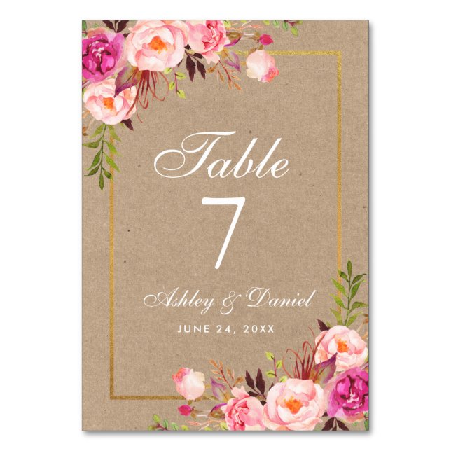Numéro De Table Kraft Aquarelle Floral rose Mariage or (Par défaut)