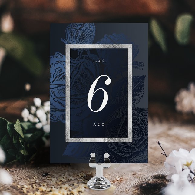 Numéro De Table Luxe rose marine argent vintage mariage botanique  (Luxe rose navy silver vintage botanical wedding table number card)