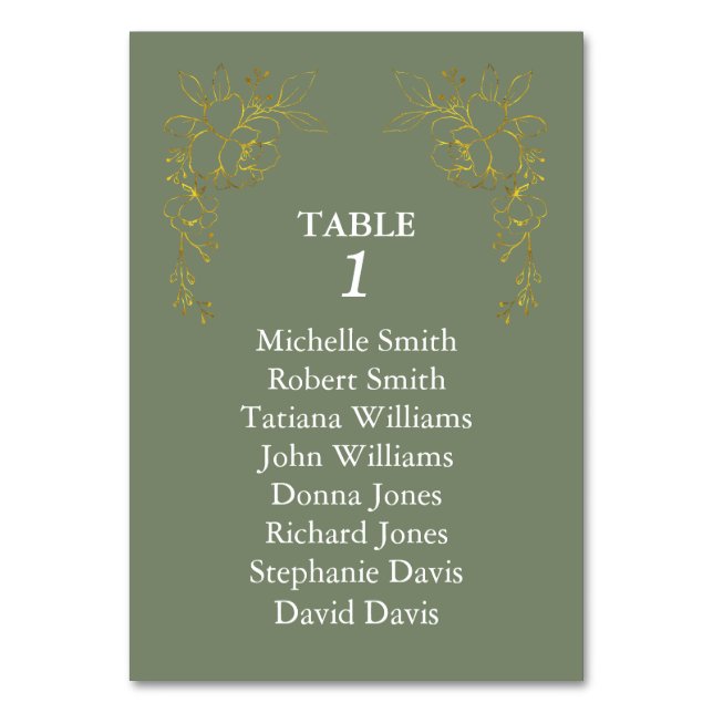 Numéro De Table Luxury Gold Flowers Royal Sage Green Wedding (Dos)