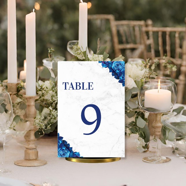 Numéro De Table Marbre blanc Floral Marine Mariage bleu (Créateur téléchargé)