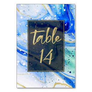 Numéro De Table Marbre bleu brillant avec Mariage feuille or