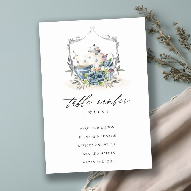 Numéro De Table Mariage Aqua Blue floral Teapot Crest Crest Crest (Créateur téléchargé)