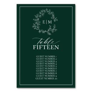Numéro De Table Mariage au monogramme à crête verte émeraude feuil