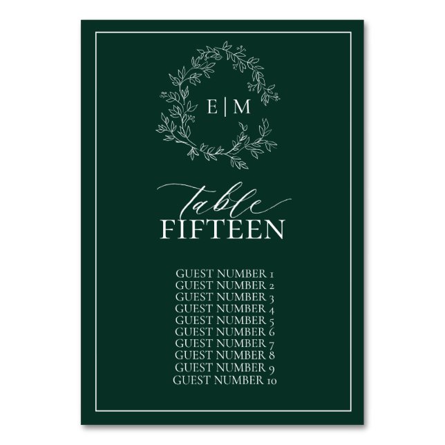 Numéro De Table Mariage au monogramme à crête verte émeraude feuil (Par défaut)
