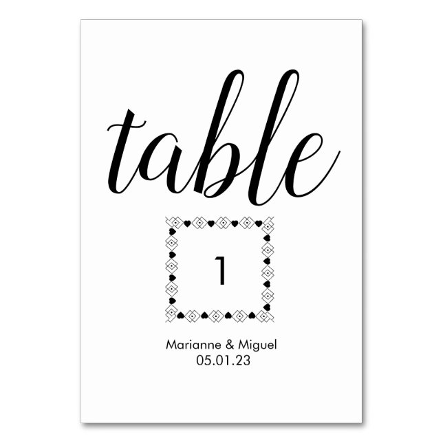 Numéro De Table Mariage Black White Heart Bordure Siège (Par défaut)