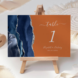 Numéro De Table Mariage Bleu Nuit Agate Argentée Orange Brûlé