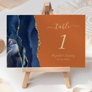 Numéro De Table Mariage Bleu Nuit Or Agate Orange Brûlé