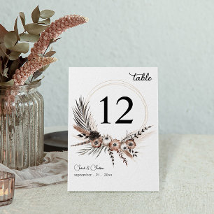 Numéro De Table Mariage Bohème Floral Noir et Naturel