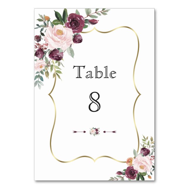 Numéro De Table Mariage Cadre Floral Ivoire Rouge Bourgogne (Par défaut)