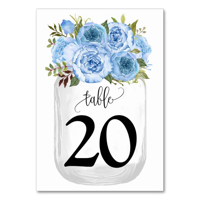 Numéro De Table Mariage campagnard Mason Jar aux fleurs bleues (Par défaut)