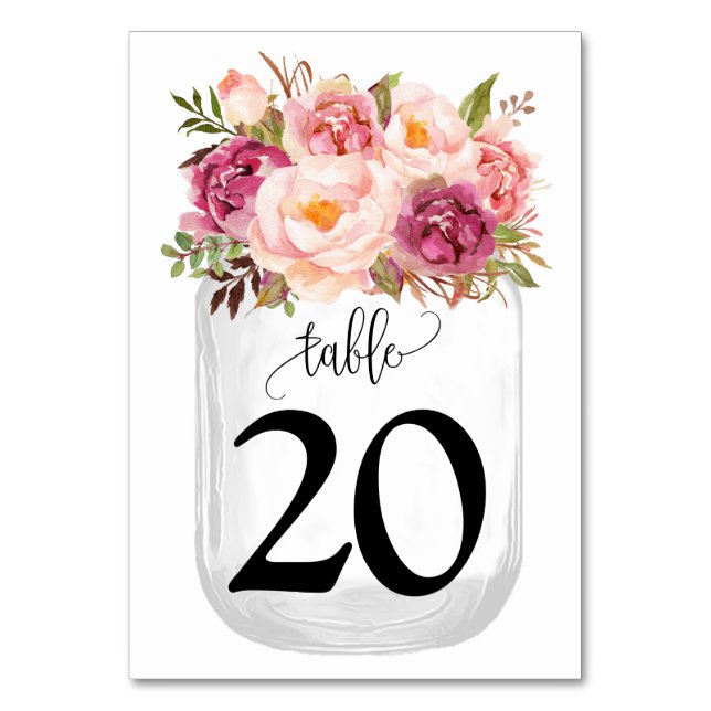 Numéro De Table Mariage campagnard Mason Jar aux fleurs roses (Par défaut)