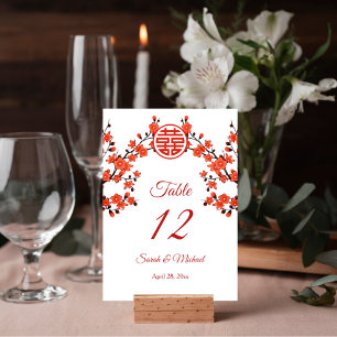 Numéro De Table Mariage chinois blanc en fleurs de cerisier rouge