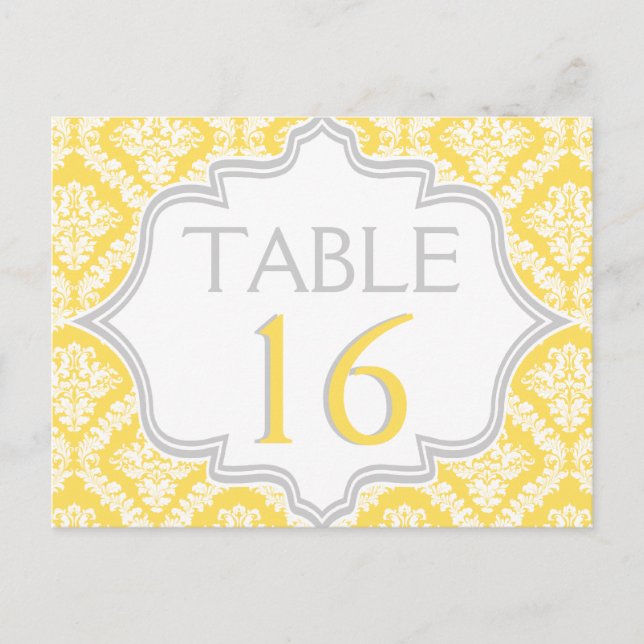 Numéro de table mariage damassé jaune citron, gris (Devant)